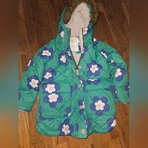 Mini Boden Green and Blue Floral Puffer Jacket, Size 5-6Y